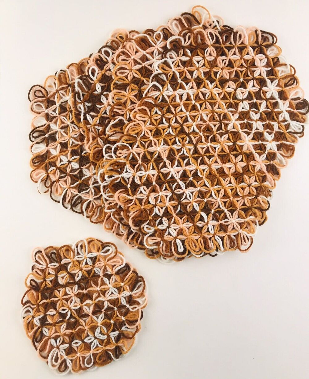 Vintage Handmade Loom Crochet Placemats Yarn Trivet Rust & Peach Colored Set 5
